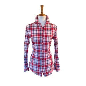 J. McLaughlin Red, White, Blue Cotton Crinkled Blouse, Small